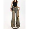 Jeans Americano Retro Desgastado Rasgado para Mulheres, Lançamento Primavera e Verão 2026 Calças Retas Soltas de Cintura Alta Wide-Leg