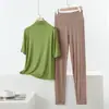 Conjunto de dos piezas de pijama y pantalón de modal ligero de verano, holgado, talla grande, ropa casual para el hogar para mujer
