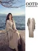 Vestido de tricô cáqui com conjunto de xale para mulheres, outono e inverno, elegante e sofisticado, novo estilo chinês, vestido longo fresco e refinado