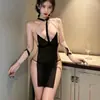 Shimeisha: Lencería sexy y seductora transparente con cuello halter, no necesita quitarse, tentación sin espalda calada, camisón SM