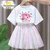Adorable y Lindo Conjunto de Vestido de Malla de Manga Corta con Estampado para Niñas, Camiseta y Falda Corta para Verano 7