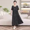 Nuevo estilo elegante ropa para mamá de mediana edad vestido de seda de algodón bueno de alta gama para mujer verano talla grande manga corta color sólido con bolsillos