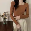 Camiseta Base de Punto Canalé Cuadrado Estilo Coreano para Mujer, Top de Punto Elegante de Manga Larga Elástico Ajustado, Suéter Interior de Color Sólido para Otoño e Invierno