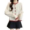 Cardigan de Tricô Color Block com Botão de Coração Estilo Coreano Outono/Inverno 2025 para Mulheres, Suéter Casaco Macio e Aconchegante Estilo Preguiçoso, Top Emagrecedor