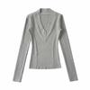 Top Estilo Hong Kong Retrô Linha Superior Decote em V Profundo Sexy Bordado Base Fina de Lã Camiseta de Manga Longa Outono e Inverno Feminina Top Slim Puro
