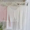 Cárdigan de punto con volantes en V, protector solar de encaje y seda helada para mujer, prenda exterior fina de verano, chal, top corto, chaqueta