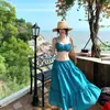 Vestido de Suspensório Estilo Resort Costeiro Francês para Mulheres, Conjunto de Duas Peças com Saia Midi Azul Linha A para Verão, Vestido de Praia para Usar no Verão