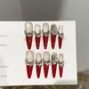 Uñas Portátiles Puramente Hechas a Mano, Piezas de Manicura Larga de Gama Alta para Otoño e Invierno Rojas de Año Nuevo con Diamantes y Parches de Uñas Postizas Brillantes
