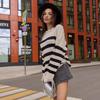 Suéter de Punto Transfronterizo Europeo y Americano para Mujer 2025 Otoño e Invierno Nuevo Casual Rayado Holgado Cuello Redondo Chaqueta de Punto para Mujer
