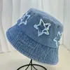 Chapéu de Pescador Jeans Degradê com Patch de Estrela de Cinco Pontas Estilo Novo 2024 para Mulheres, Chapéu Bucket Versátil Retrô com Aba Larga