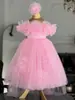 Vestido de niña sin hombros vestido de princesa nuevo vestido de malla floral rosa para niñas pequeñas y vestido para el primer cumpleaños de bebés