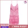 Vestido Rosa Corto con Tirantes, Escote en V Bajo con Borlas, Diseño de Comercio Exterior, Vestido Corto de Nicho, Venta al por Mayor desde el Fabricante, Elegante y Gracioso