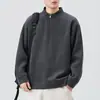 Moletom Masculino de Outono com Manga Longa, Meio Zíper, Gola Alta, Corte Solto Casual, Cor Sólida com Textura, Retro Americano, Roupa Masculina