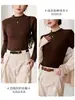 Camada Base Térmica Feminina de Lã, Seda e Liocel, Gola Meio Alta, Forrada com Fleece, Espessa, Para Usar por Dentro ou por Fora, Camiseta de Manga Longa, Top para Outono/Inverno