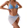 Bikini Nuevo de Invierno 2026 Color Sólido Traje de Baño con Atar Conjunto de Tres Piezas para Mujer Comercio Exterior Europeo y Americano