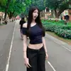 Camisetafeminina justa de manga curta com um ombro só, estilo "garota picante" azul escuro, para o verão, top curto justo único e deslumbrante fora do ombro