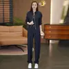 Traje de mezclilla hecho a medida para mujer, nueva colección otoño 2026: chaqueta corta elegante y a la moda con cuello alto y pantalones de pierna ancha de cintura alta