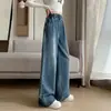 Jeans plus size feminino para primavera e outono, novo estilo para mulheres plus size, calça reta solta de cintura alta, calça pantalona elástica de cintura alta que afina, moderna