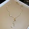 Collar de Borla de Campanilla de Viento de Zircón Exquisito Dorado con Perlas, Cadena de Clavícula de Lujo Ligero de Gama Alta, Collar Chapado en Oro Real de 18K para Mujeres