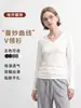 Camiseta de decote em V "curvas graciosas", alta elasticidade, corte justo, estilo básico para o dia a dia, outono/inverno, ombro normal, blusa de baixo básica