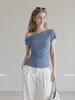 Top de Hombros Descubiertos Estilo Coreano de Verano LiLvi, Blusa Azul de Puntos de Manga Corta Ajustada