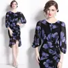 Comércio exterior tiro real feminino em estoque vestido sereia floral 2024 novo manga lanterna saia plissada
