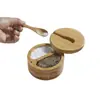 Tarro de bambú para condimentos con cuchara, tarro de sal, caja de almacenamiento para cocina, botella de condimentos, giratorio con succión magnética, venta caliente transfronteriza, al por mayor