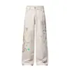 Pantalones casuales de pierna recta con estampado de graffiti salpicado de pintura estilo punk, ropa urbana para hombre, diseño de nicho, pantalones largos anchos de corte holgado con motivo de llama