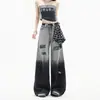 Jeans Anchos Rasgados con Degradado Negro y Gris Talla Plus para Mujer, Pantalones Anchos Rectos Sueltos de Cintura Alta Estilo Americano para Verano