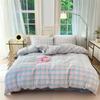 Juego de cama de algodón lavado a cuadros de estilo no impreso, juego de cama de cuatro piezas, sábana de algodón, funda de edredón, gorro de cama, juego de tres piezas para dormitorio de estudiantes