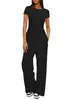 Conjunto Casual de Cor Sólida com Top de Manga Curta Franzido e Calça Wide Leg de Cintura Alta - Roupa Esportiva - Lançamento Europeu e Americano da Amazon