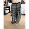 Oker genuino otoño 2026 nuevo cordón cintura elástica cuadros retro holgados rectos pantalones casuales para mujer