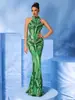Novo Vestido Verde Amazon Feminino Sexy com Gola Halter Lantejoulas Cauda de Peixe Slim-Fit Adequado para Festas Noturnas