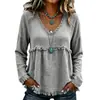 2026 Verão Novo Estilo Europeu e Americano Solto Gola V Franjada Manga Longa Camiseta Cor Sólida Casual Top Camisa Cross-border Roupas Femininas