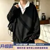 Sudadera de dos piezas de imitación con estampado de trigo y cuello vuelto para hombre, estilo coreano de otoño, chaqueta casual holgada, top tipo polo con cuello en V