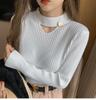 Otoño e Invierno Nuevo Sentido del Diseño Calado Combinable Camiseta Base de Punto para Mujer Ajustada Adelgazante Cuello Medio Alto Suéter Top