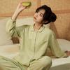 Pijama de Algodón Personalizado de Fábrica para Mujer Primavera y Otoño Delgado Doble Capa Crepé Cuello Cuadrado Pequeño Dulce Cárdigan Exterior Ropa de Casa