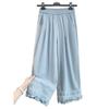 Fotos Reales Primavera/Verano 2026 Nuevo Estilo Cintura Elástica Encaje Hueco Volante Pantalones de Pierna Ancha para Mujer Sueltos Rectos Pantalones de Nueve Puntos