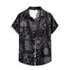 Camisa Casual de Manga Curta, Estilo Retrô, Poliéster com Elasticidade nas Quatro Direções Masculina, Estampa Étnica, Exclusiva do Site Independente Cross-Border