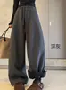 Pantalones de chándal casuales gruesos con forro polar de estilo retro americano para mujer, nuevo estilo Invierno 2025, diseño holgado, pantalones de pierna ancha de cintura alta para mujer