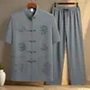 Conjunto de Manga Corta de Seda Helada Estilo Tang para Hombre Verano Cuello Alto Bordado Estilo Chino Camisa de Abuelo de Mediana Edad Atuendo de Papá Hanfu