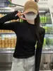 Camiseta Térmica Cinza de Gola Meia-Alta Justa para Mulheres, Novo Estilo Outono e Inverno 2025, Top Camada Base de Manga Longa Slim-Fit
