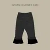 Pantalones Acampanados de Retazos Rayados para Niña de Primavera y Otoño Leggings con Volantes y Encaje para Bebé Pantalones Largos Versátiles para Bebé