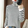 Suéter de otoño transfronterizo, nuevo estilo, bloques de color, rayas, cuello alto enrollado, sencillo, corte ajustado, rejuvenecedor, ropa interior para mujer