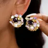 Brincos Flor de Pérola Cravejados de Diamante com Gotejamento de Óleo Agulha de Prata, Brincos Estilo Corte Francês Vintage, Brincos de Luxo Leve de Alta Qualidade para Atacado