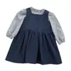Conjunto de Moda Feminina Outono 2026 Camisa de Manga Longa com Bolinhas Vestido Colete Jeans Sem Mangas Conjunto Fofo de Duas Peças para Bebê