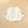 Camisa Feminina 2026 Verão Nova Estilo Étnico Retrô Artístico Bordado Pesado Gola Redonda Manga Três Quartos Top com Manga Lanterna