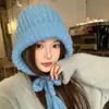 Gorro pasamontañas azul para mujer, sombrero de punto de lana cálido para otoño e invierno que protege los oídos, hace que la cara se vea más pequeña, gorro protector para la cabeza a prueba de frío