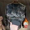 Sudadera de Invierno Nueva con Estampado de Letras de Manga Larga para Hombre, Lujo Ligero de Moda Cielo Estrellado Desgastada Forrada de Polar Cuello Redondo Top Casual