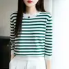 26 Novas Cores de Primavera e Verão Color-Blocking Algodão Puro Listrado Moda Jovem Tricô Manga Longa Gola Redonda Suéter Top Feminino